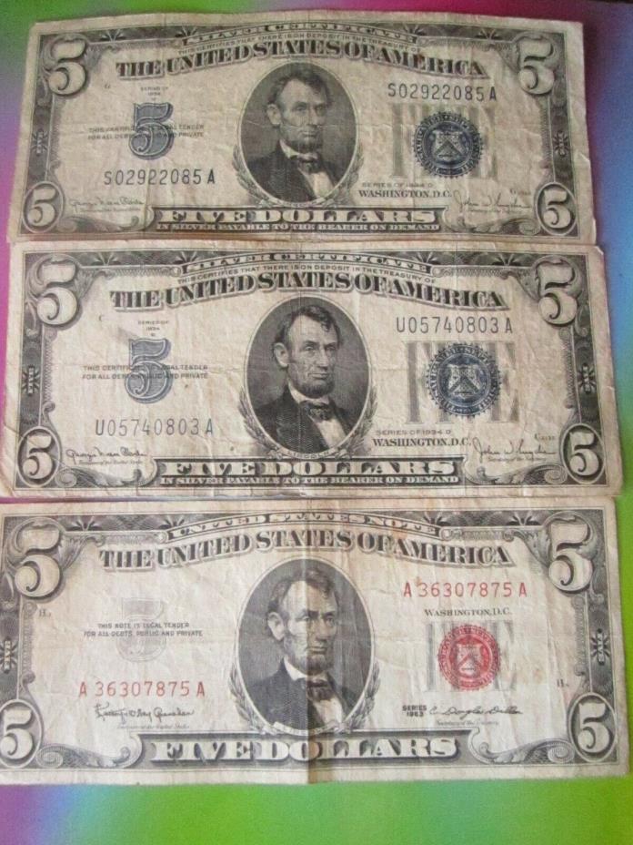 1934 D Blue Seal Dollar Bills one 1963 red seal five dollar bill