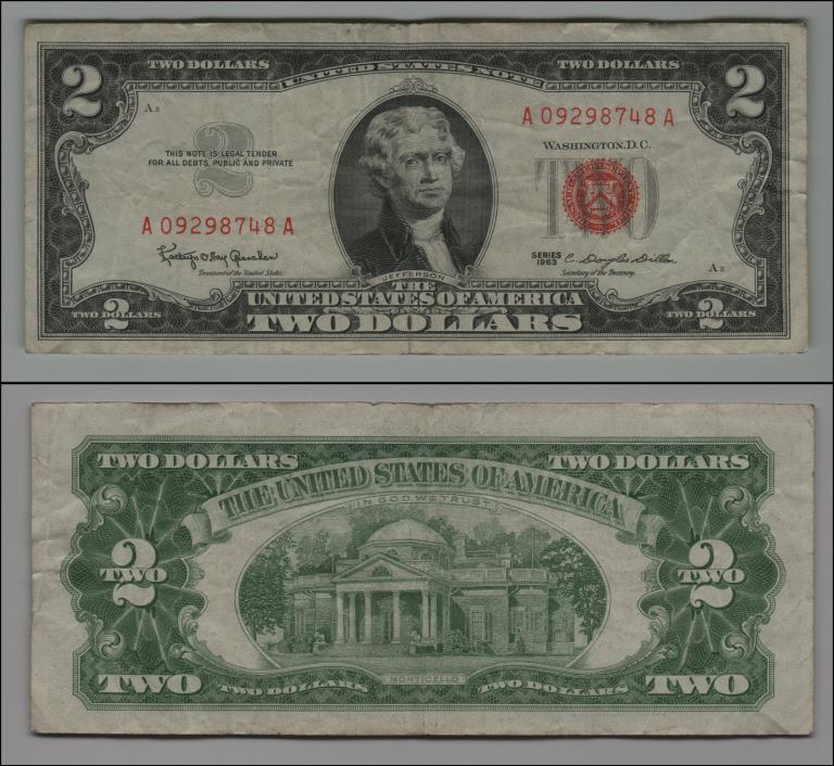 1963  $2 DOLLAR BILL  US NOTE   RED SEAL lt=K61