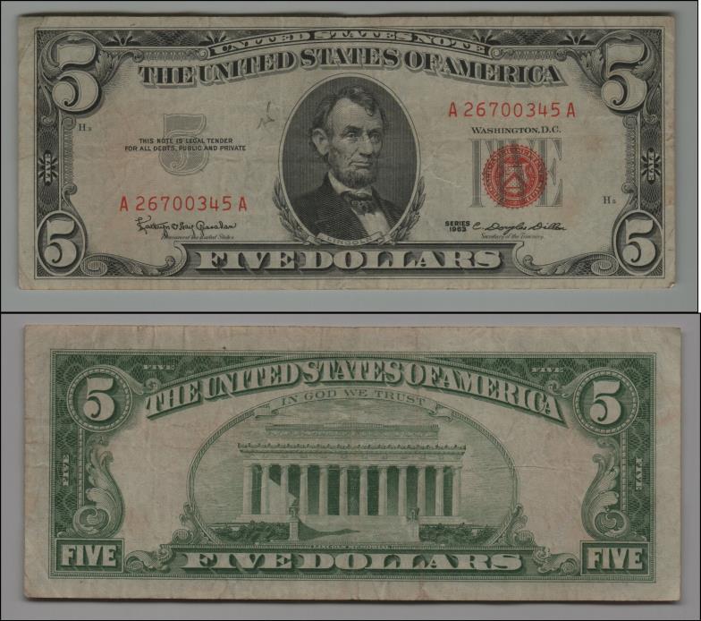 1963  $5 DOLLAR BILL US NOTE LEGAL TENDER PAPER MONEY   LT=B820