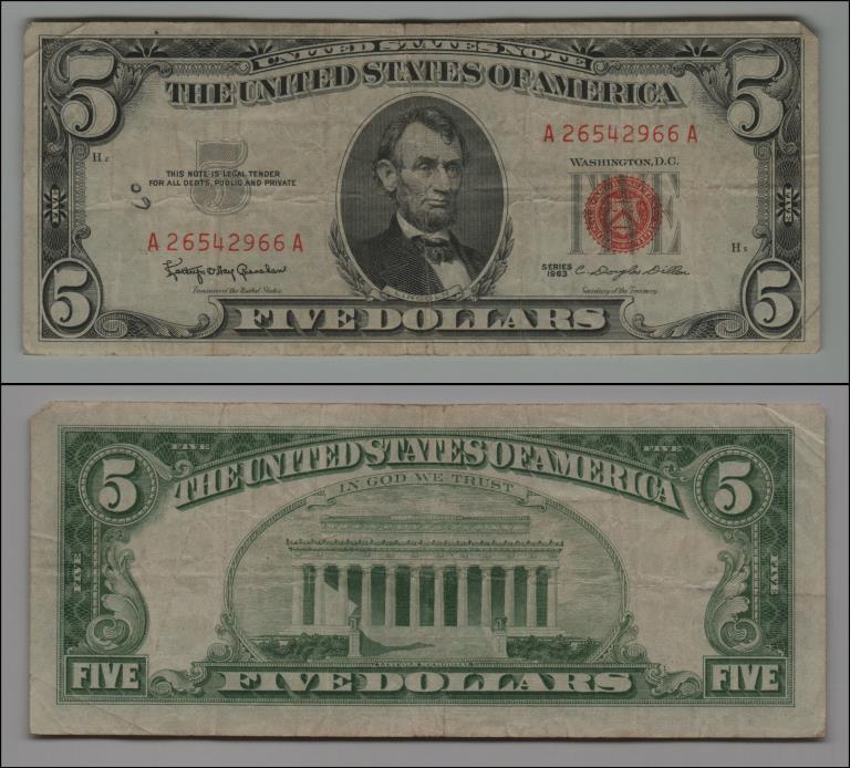 1963  $5 DOLLAR BILL US NOTE LEGAL TENDER PAPER MONEY   LT=B835