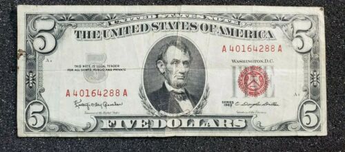 ONE 1963 Red Seal $5 Legal Tender Note U.S. Five Dollar Bill