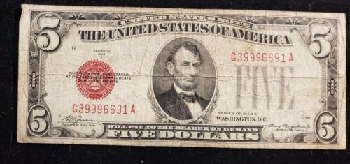Series 1928 C $5 FIVE Dollar Bill RED Seal United States Note G39996691A