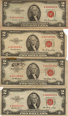 4 -1953 $2 United States Note, Red Seal, Circulated Average Grade notes (Z-218A)