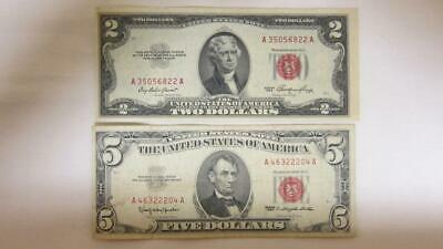 1963 Red Seal $5 Five Dollar Bill + 1953 Red Seal $2 Two Dollar Bill Lot