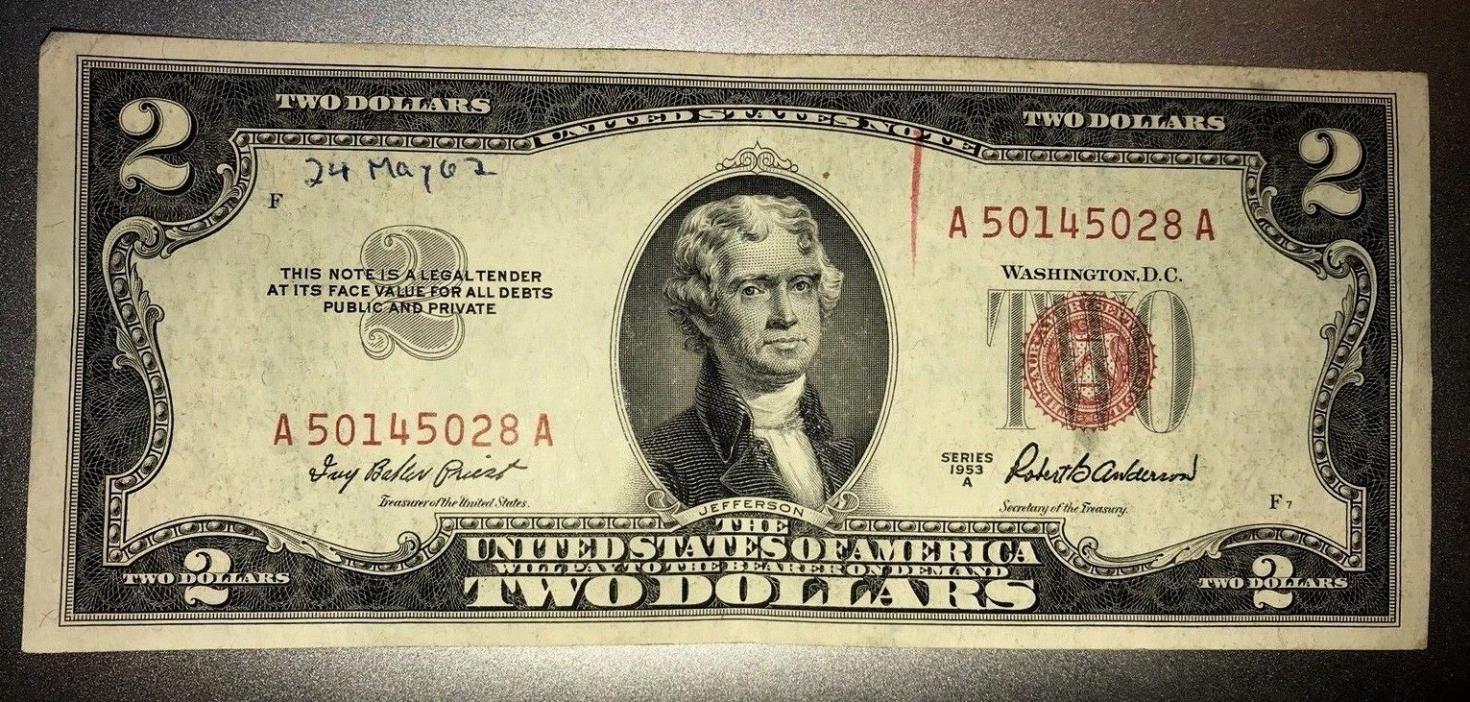 1953 A RED SEAL $2 U.S. NOTE **CRISP** ser# A50145028A