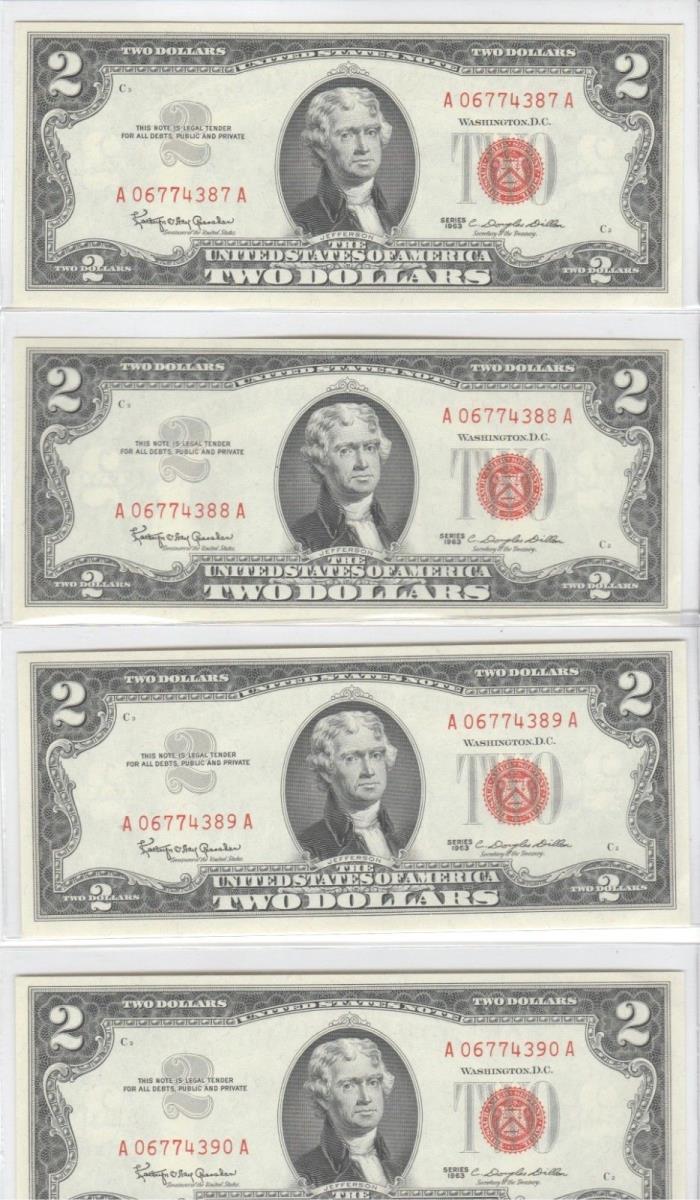 $2 1963 - RED SEAL- FOUR CONSECUTIVE NOTES - CH UNCIR - OLD US PAPER MONEY