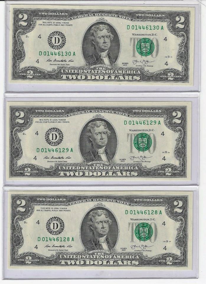 3 -2013  TWO DOLLAR BILLS---BANK OF CLEVELAND, OHIO -UNC - IN PLASTIC  HOLDERS.