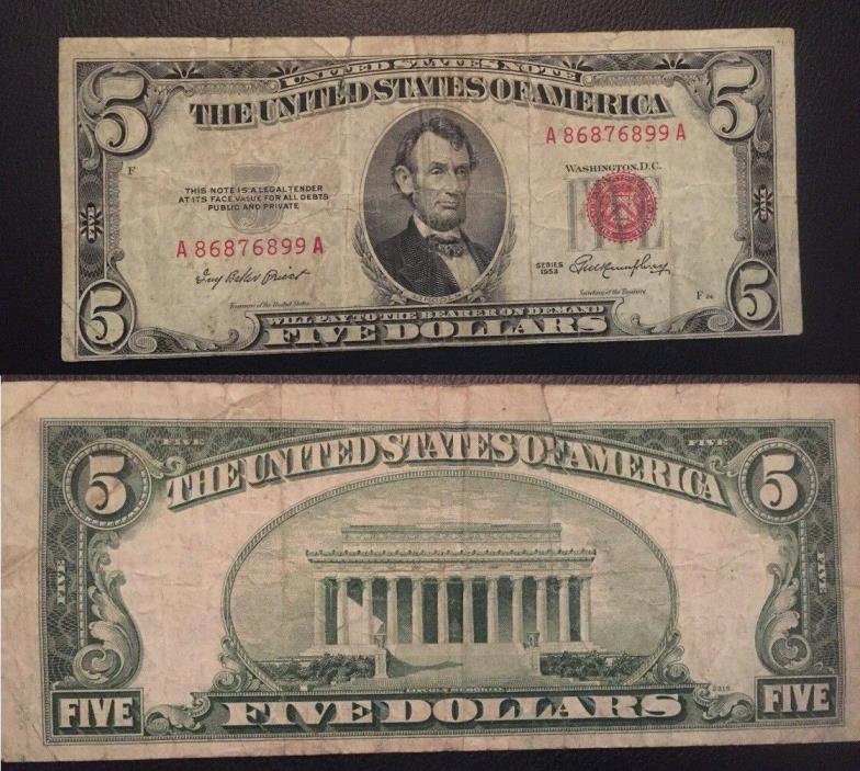1953 $5 United States Note Red Seal Off Center
