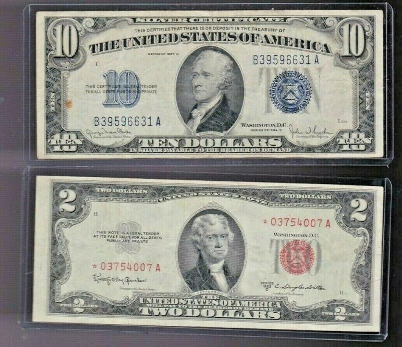 1953C $2 red seal STAR Note  & 1934C $10 silver certificate lot of one each