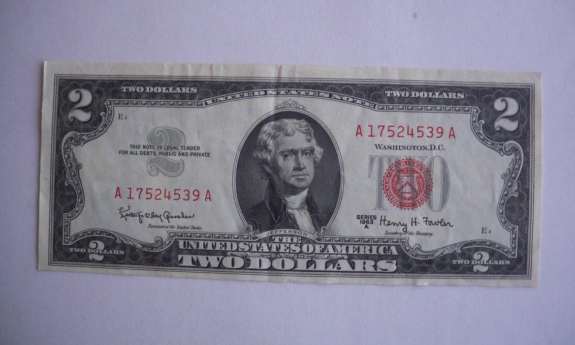 1963 A  Two Dollar Bill Red Seal Legal Tender Note Fine