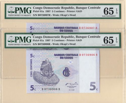 2 SEQUENTIAL 1997 CONGO DEMOCRATIC REPUBLIC 5 CENTIMES PMG 65 EPQ GEM UNC