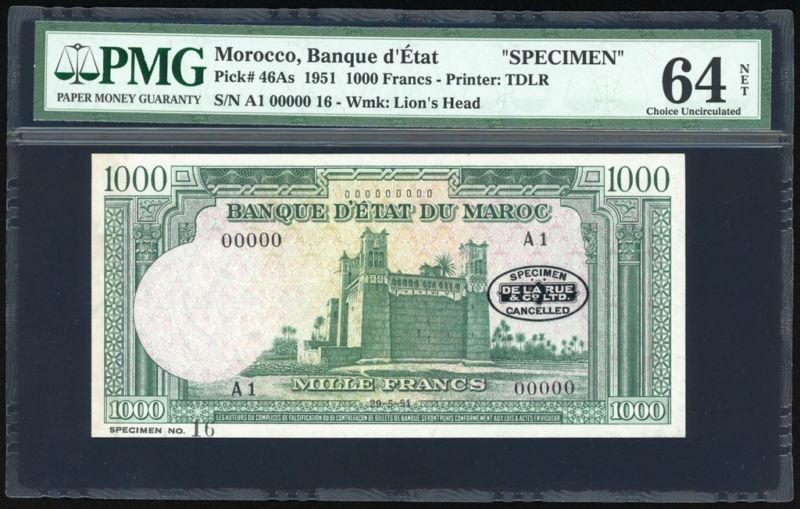 Morocco 1000 Francs Specimen 1951 P46As PMG Choice Uncirculated 64 NET - Top Pop