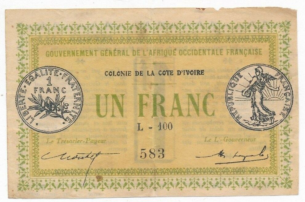 1917 IVORY COAST UN FRANC NOTE-CIRCULATED SCARCE NOTE-SHIPS FREE!
