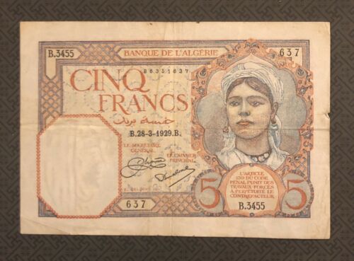 ALGERIA 5 Francs, 1929, P-77a, World Currency, RARE DATE AND CONDITION