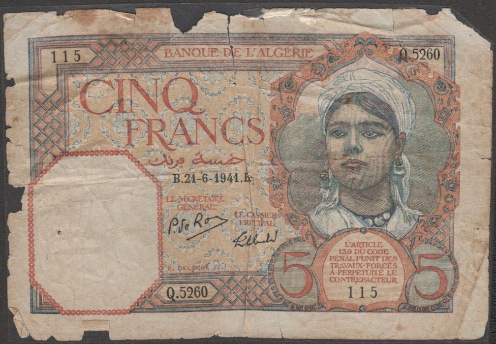 LH032 Bank of Algeria 5 Francs Paper Money (1941)