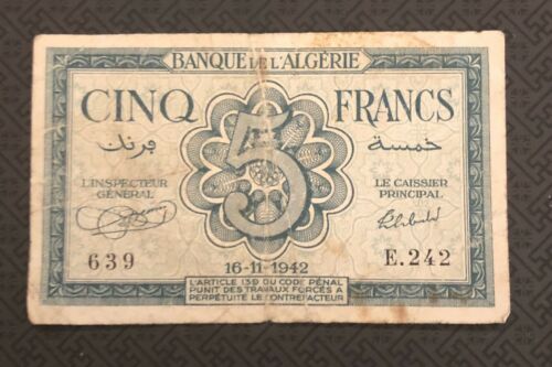 ALGERIA 5 Francs, 1942, P-91, Occupation Note, WWII, World Currency