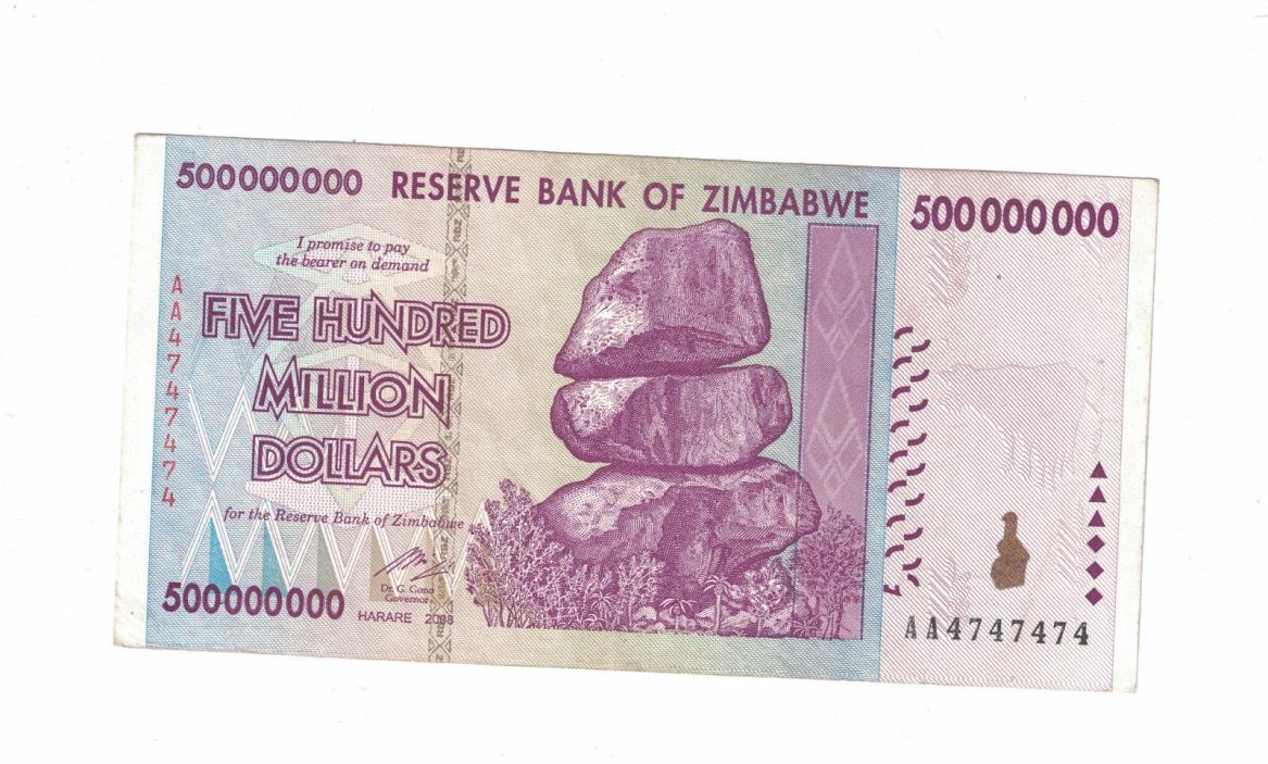 ZIMBABWE Fancy Serial# 4747474 $500 Million Dollars 2008 Pick# 82 VF. (#1565)