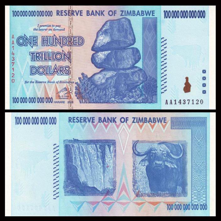 Zimbabwe 100 Trillion Dollars X 100 notes, AA/3932501-600 Bundle- UNC- Last one!