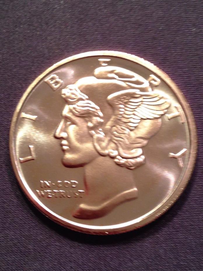 Mercury Dime Design 1 oz .999 Fine Copper Round, Uncirculated Gem Beauty #090918