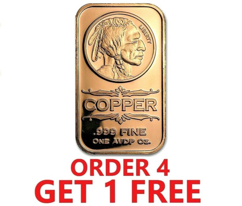 1 Ounce .999 Fine Copper Bar - Indian Head