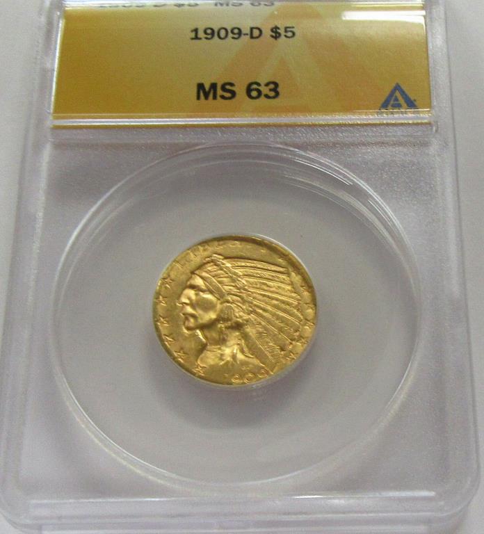 1909-D US $5 Gold Indian Head Half Eagle ANACS MS 63 - PQ Gold Coin