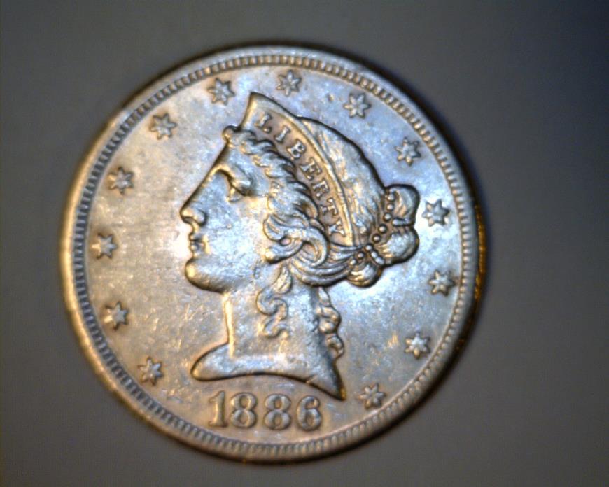1886 S HALF EAGLE $ 5 US GOLD COIN  AU  # 2