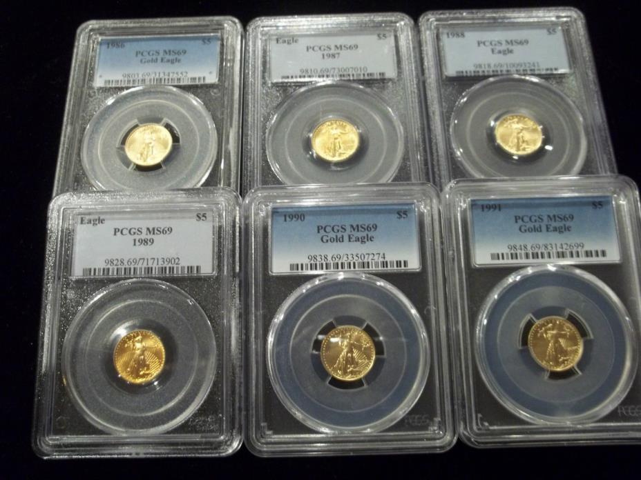 1986 - 1991 $5 American Gold Eagle 1/10 oz PCGS MS69 ROMAN NUMERAL SET
