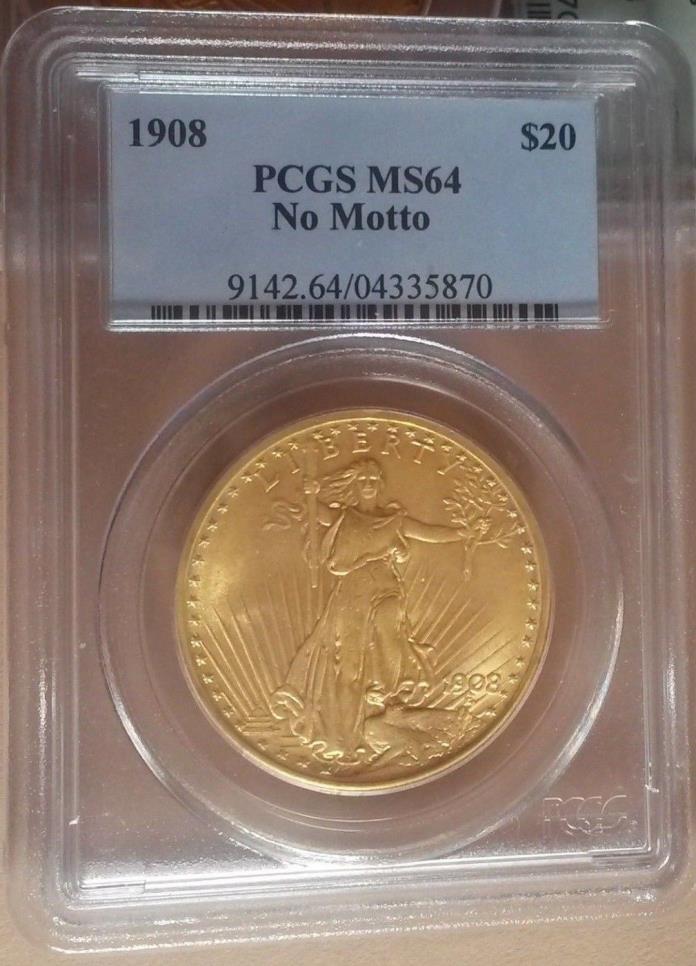 US Gold $20 Saint-Gaudens Double Eagle - PCGS MS64 - 1908 No Motto