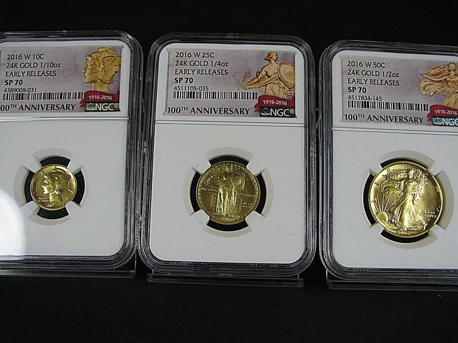 2016 W Centennial 3-Coin 24K Gold Set, Dime, Quarter, Half  Sp 70 Early Releases