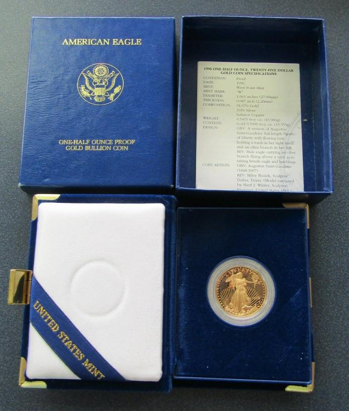 1996 $25 American Eagle 1/2 Oz Gold Proof Coin W/Box & COA