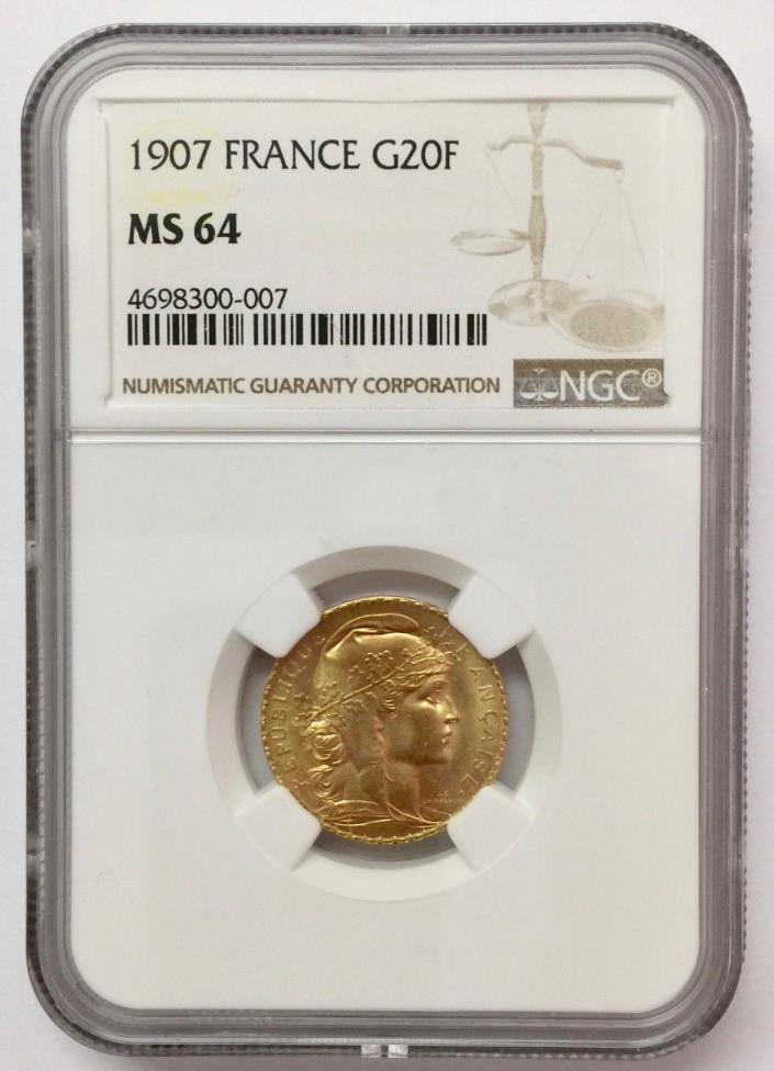 1907 French Gold 20 Francs NGC MS64