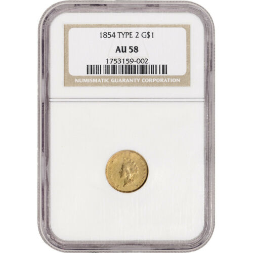 1854 US Gold $1 Indian Princess Head - Type 2 - NGC AU58
