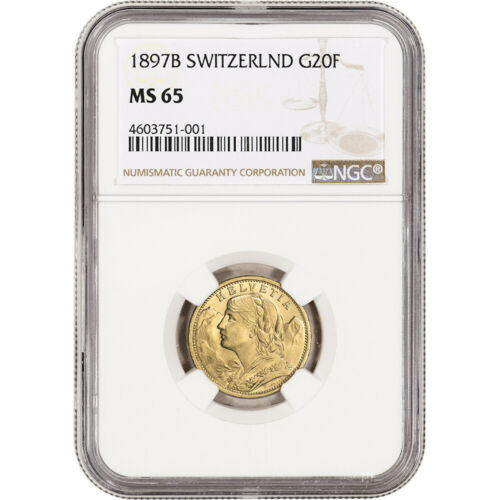 1897 B Switzerland Gold 20 Francs - NGC MS65
