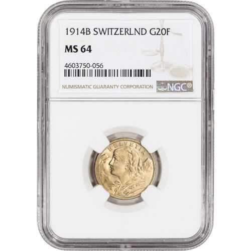 1914 B Switzerland Gold 20 Francs - NGC MS64