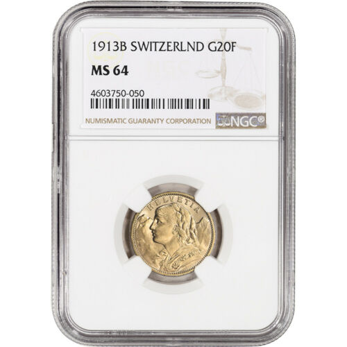 1913 B Switzerland Gold 20 Francs - NGC MS64