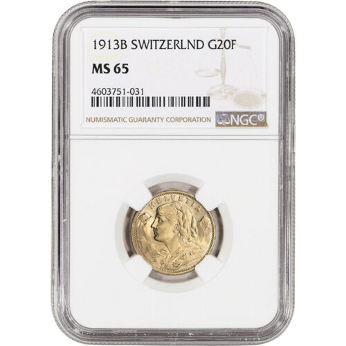 1913 B Switzerland Gold 20 Francs - NGC MS65
