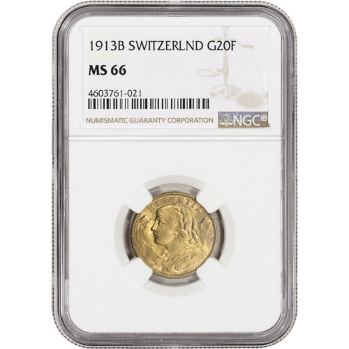 1913 B Switzerland Gold 20 Francs - NGC MS66