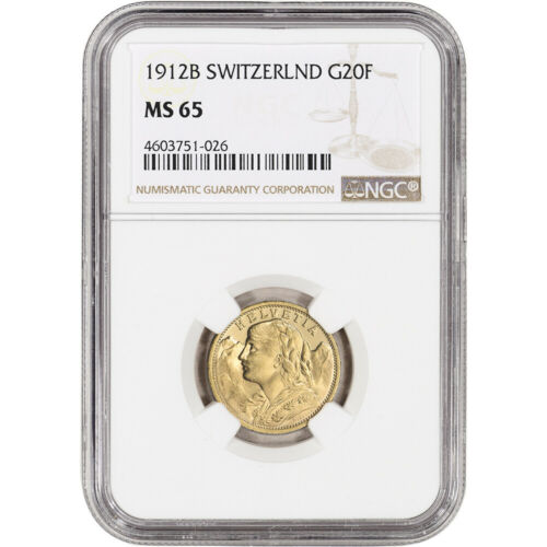 1912 B Switzerland Gold 20 Francs - NGC MS65