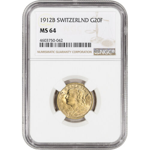1912 B Switzerland Gold 20 Francs - NGC MS64