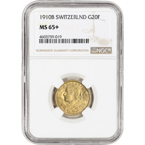 1910 B Switzerland Gold 20 Francs - NGC MS65+