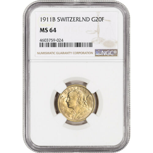 1911 B Switzerland Gold 20 Francs - NGC MS64