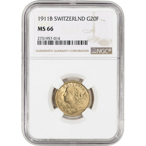 1911 B Switzerland Gold 20 Francs - NGC MS66