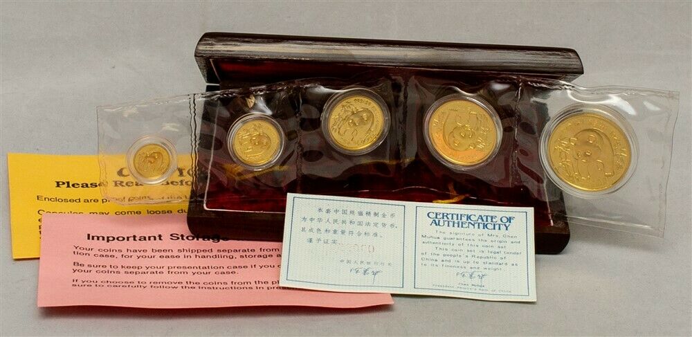 1986 China Gold Panda Proof Set - 5 coins w/Box & COA - Double Sealed