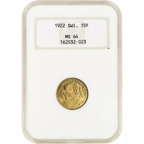 1922 B Switzerland Gold 10 Francs - NGC MS64