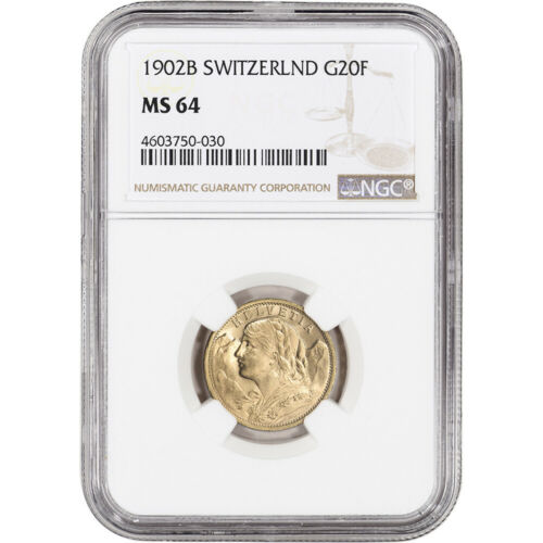 1902 B Switzerland Gold 20 Francs - NGC MS64