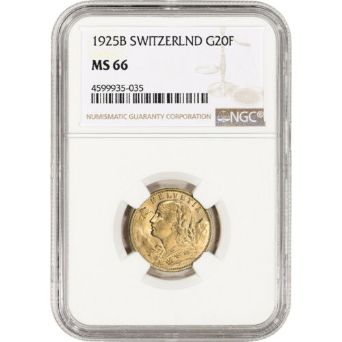 1925 B Switzerland Gold 20 Francs - NGC MS66