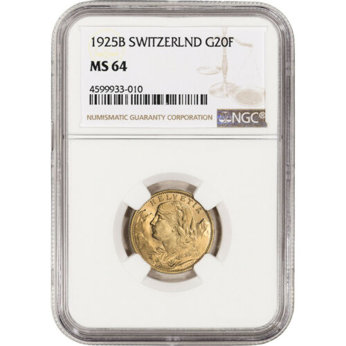 1925 B Switzerland Gold 20 Francs - NGC MS64
