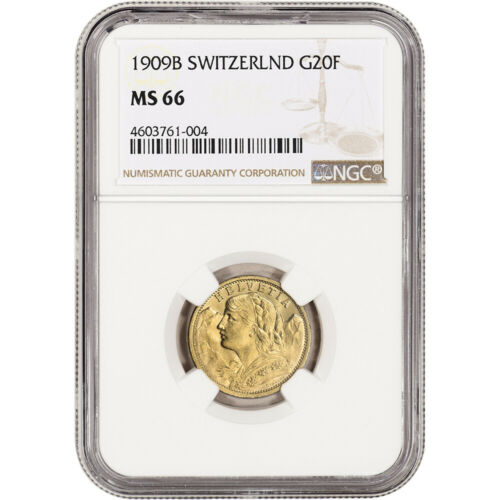 1909 B Switzerland Gold 20 Francs - NGC MS66