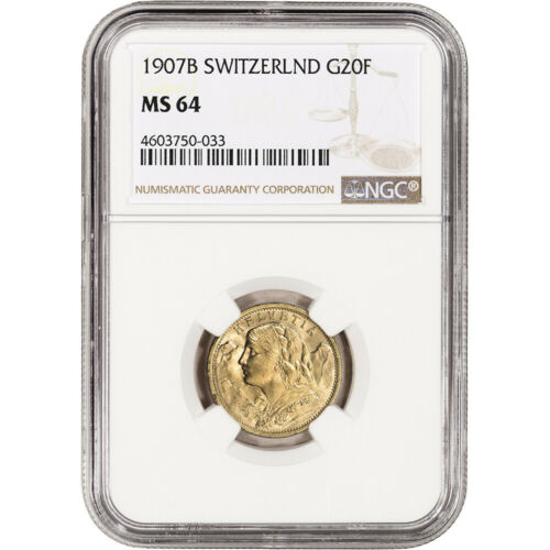 1907 B Switzerland Gold 20 Francs - NGC MS64