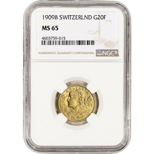 1909 B Switzerland Gold 20 Francs - NGC MS65
